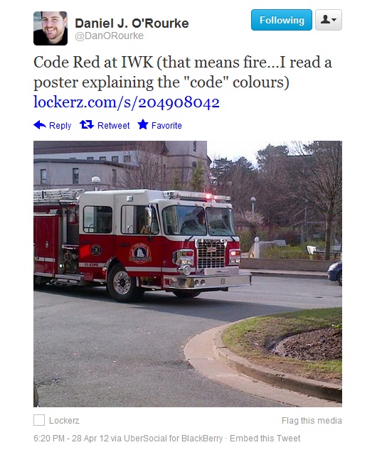 Code Red at IWK (that means fire... I read a poster explaining the "code" colours)