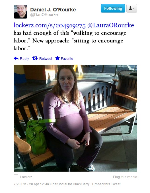 Laura has had enough of this "walking to encourage labor." New approach: "Sitting to encourage labor."