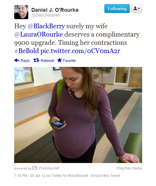 Hey BlackBerry, surely my wife deserves a complimentary 9900 upgrade. Timing her contractions.