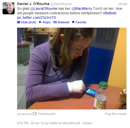 So glad Laura has her BlackBerry Torch on her. How did people measure contractions before smartphones?